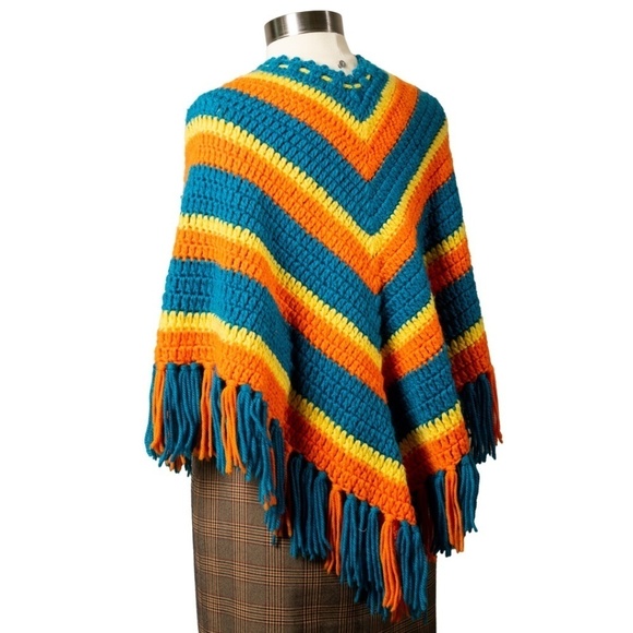 Vintage Multicolor Crocheted Poncho with Pom Poms Rainbow Barbie Hippie Pride - Picture 8 of 10